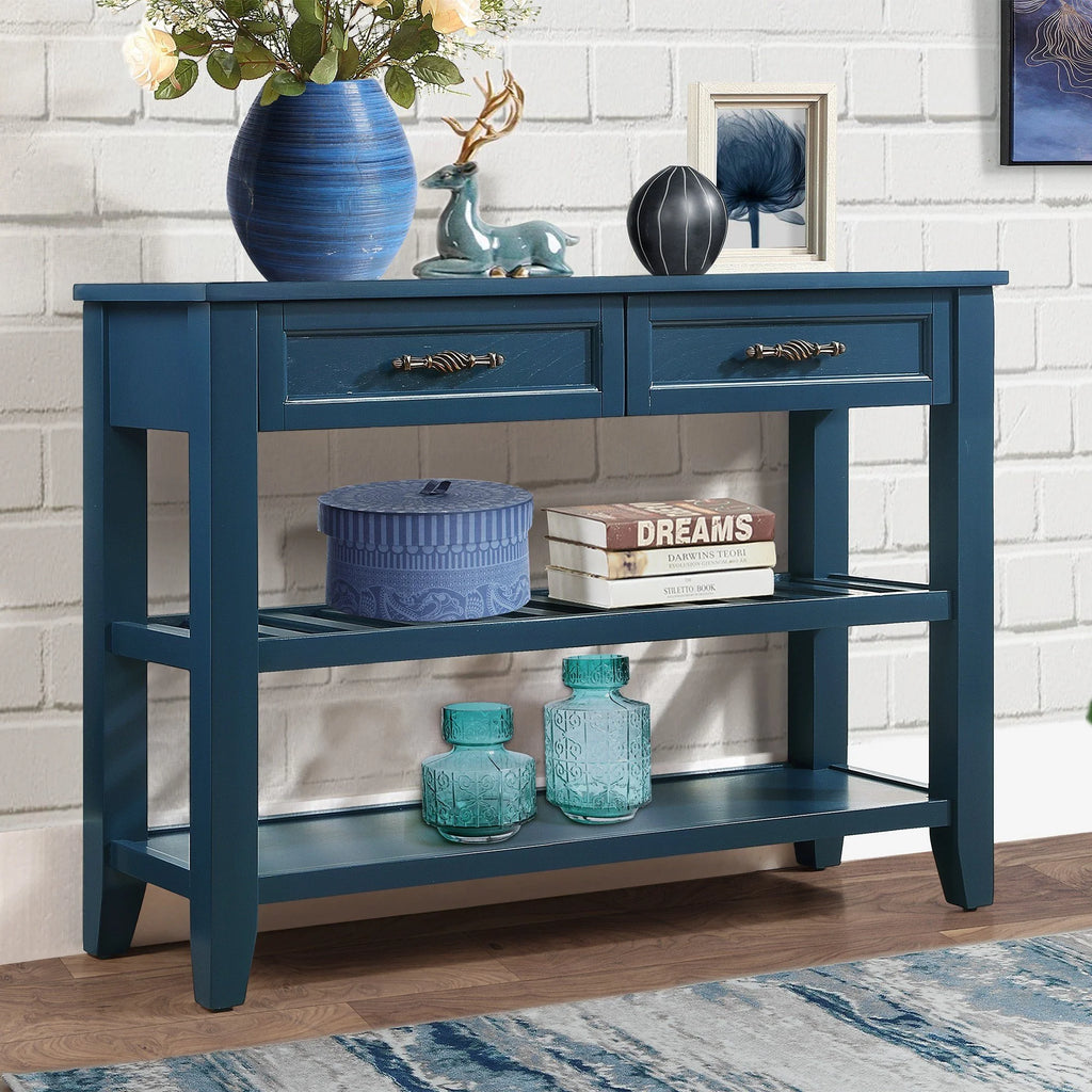 Navy Blue 42'' Solid Wood Console Sofa Table with 2 Drawers and 2 Shelves H535
