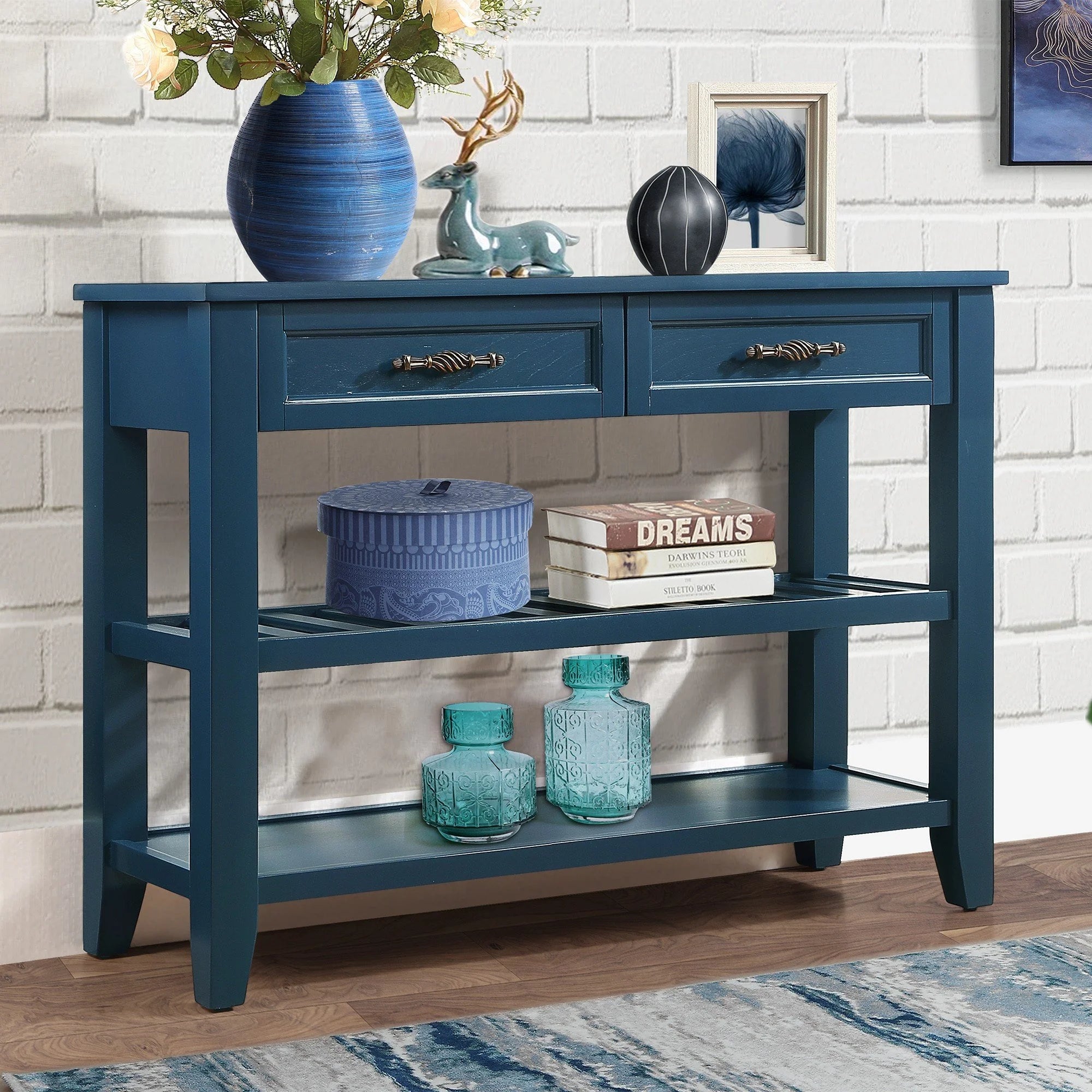 Navy Blue 42'' Solid Wood Console Sofa Table with 2 Drawers and 2 Shelves H535