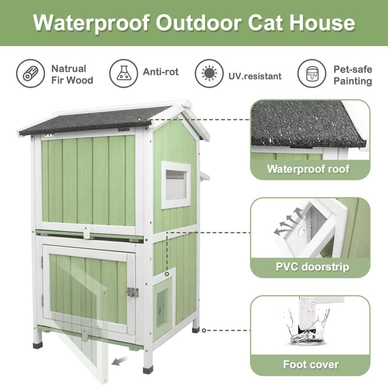 Outdoor Cat Shelter Weatherproof Two Story Wooden Cat House with Openable Roof Escape Door N765