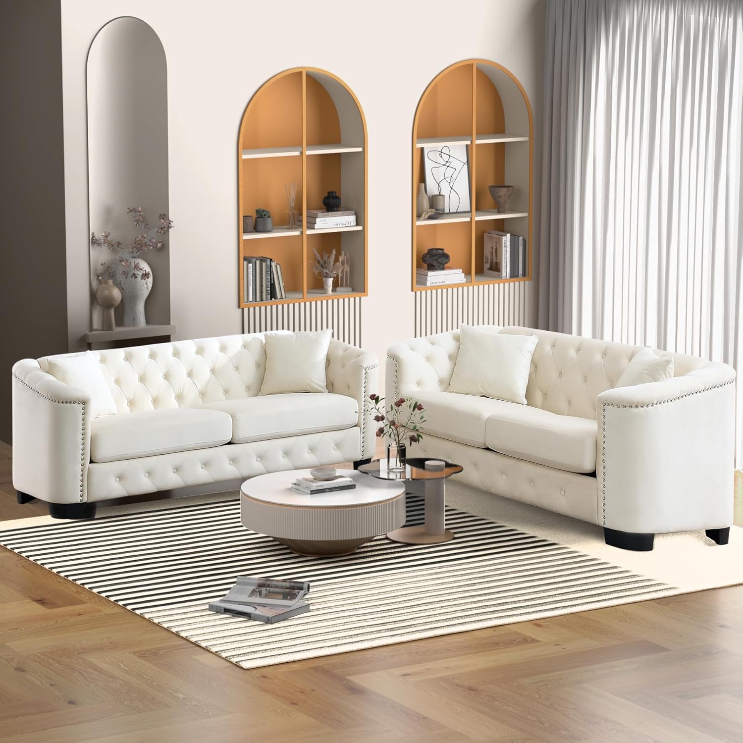 Beige Velvet 3-Seater Sofa with 2 Pillows L813517