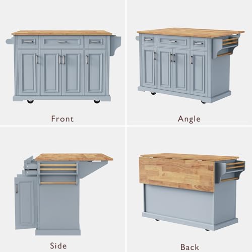 Green Large Kitchen Island with 2 Drop Leaf, 3 Drawers, 55.7" D8910