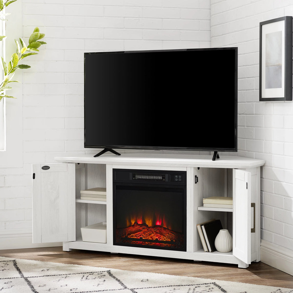 Whitewash Wood Corner TV Stand with Fireplace R452