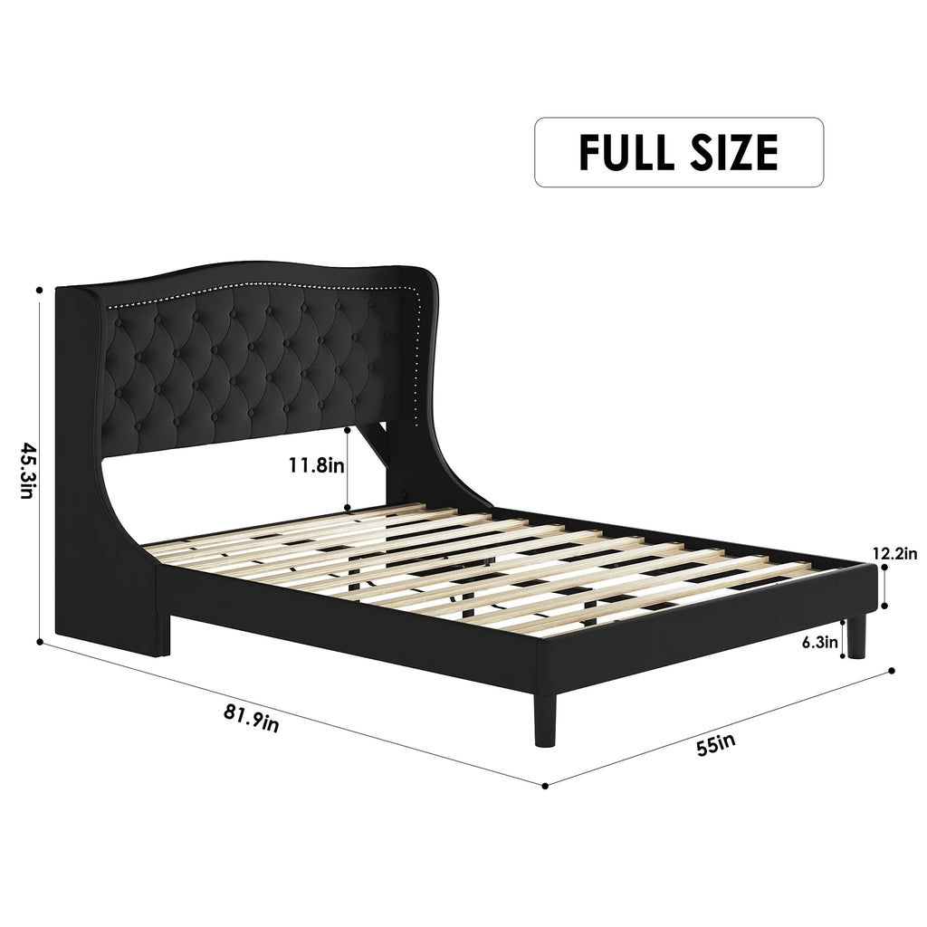 Black Full Bed Frame with Wing-Back Button Tufted Upholstered Headboard and Wood Slat Support P24908