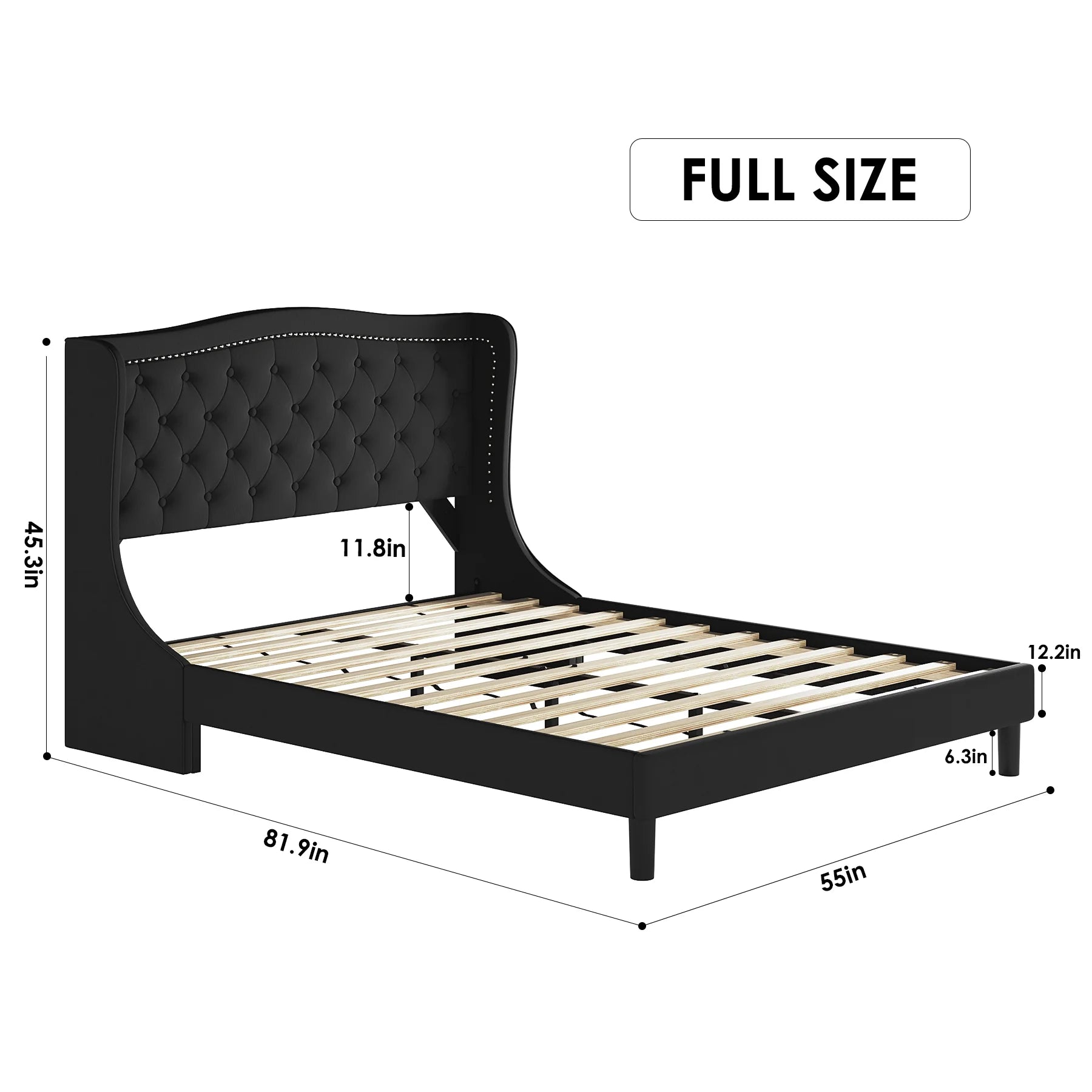 Black Full Bed Frame with Wing-Back Button Tufted Upholstered Headboard and Wood Slat Support P24908