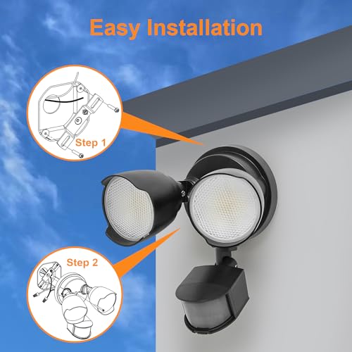 15W 1500 Lumen LED Security Lights with Motion Sensor Outdoor, 3000K/5000K Light, IP65 Waterproof, Dusk to Dawn, Dual-Head Flood Wall Light (Black) W282