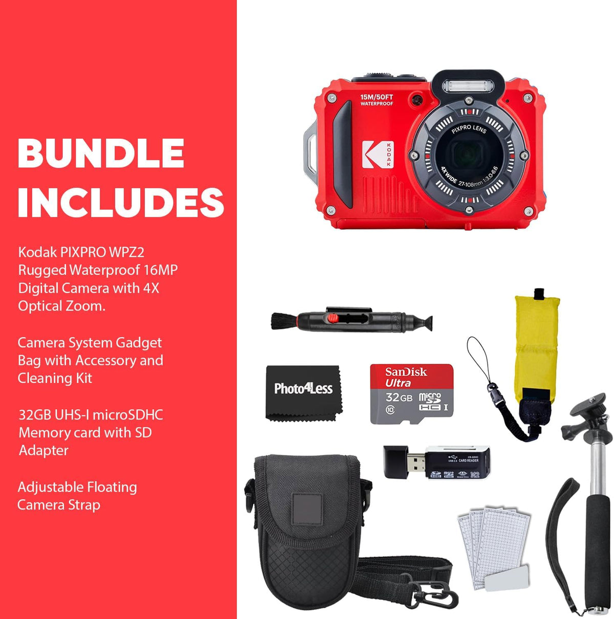 Red Rugged Waterproof Digital Camera with Case, Monopod, Card Reader (9 Items) F678706