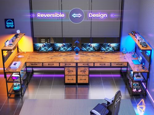 Black L Shaped Gaming Desk with 5 Drawers, Storage Shelves, LED Lights, Power Outlets and Storage Bag R314