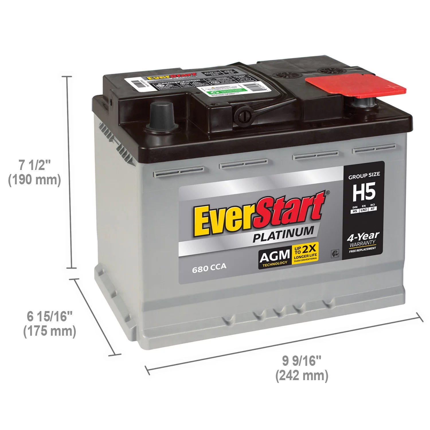 AGM Automotive Battery, Group Size H5 / LN2 / 47 12 Volt, 680 CCA U367261