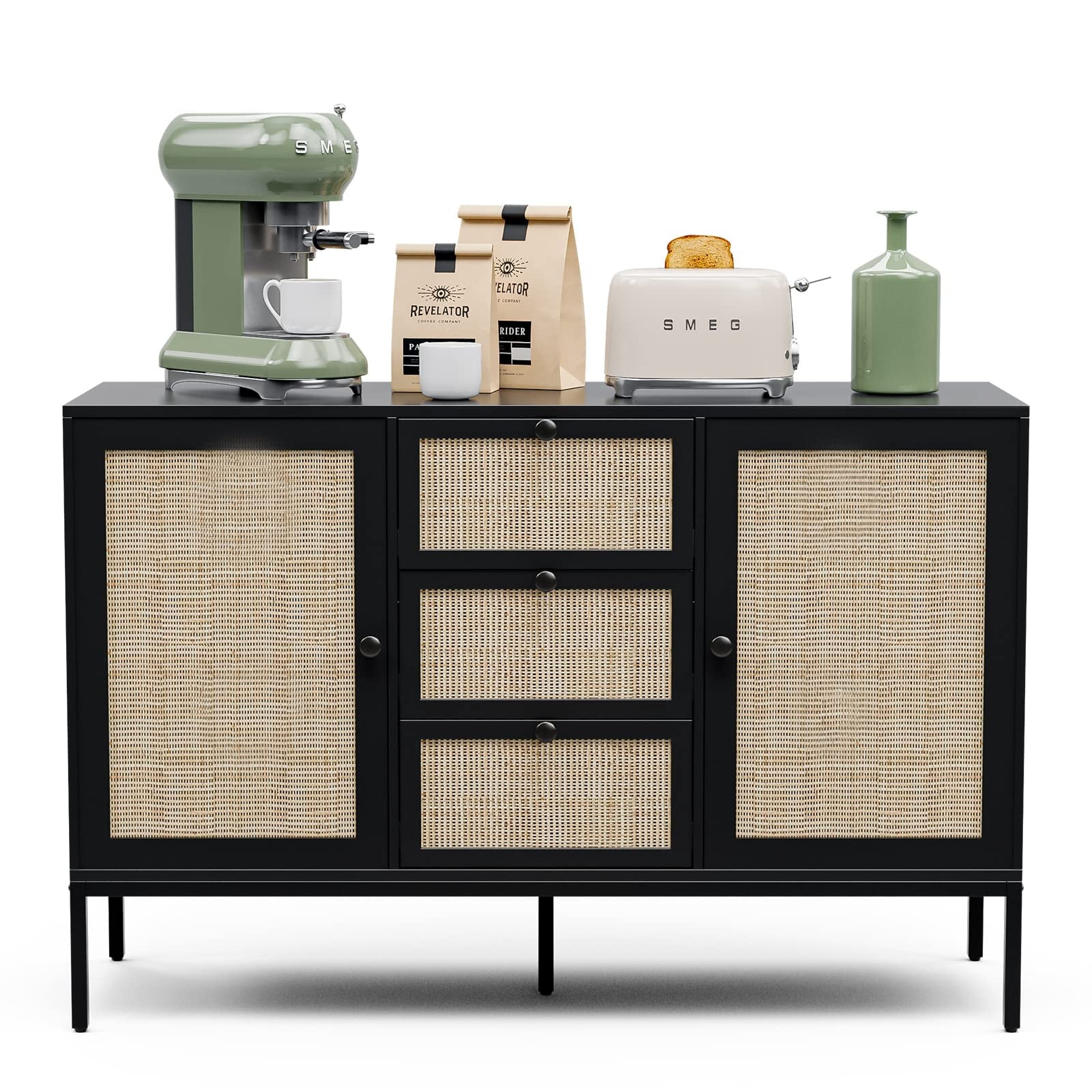 Black Rattan Sideboard Cabinet with 3 Drawers and 2 Doors K961098