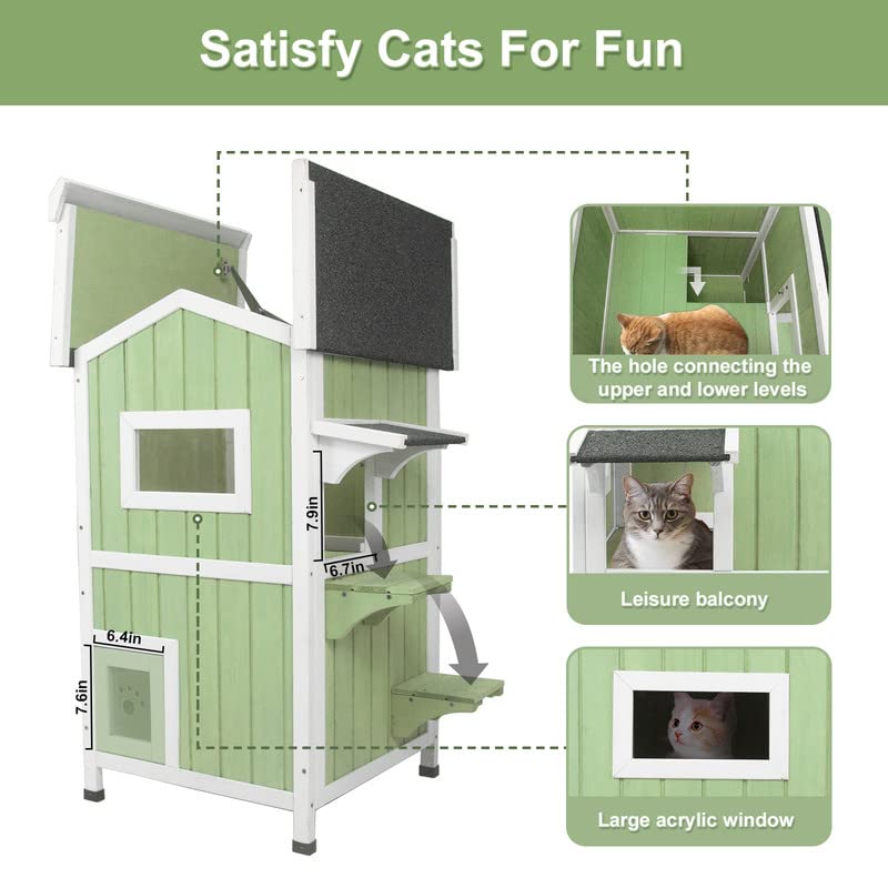 Outdoor Cat Shelter Weatherproof Two Story Wooden Cat House with Openable Roof Escape Door N765