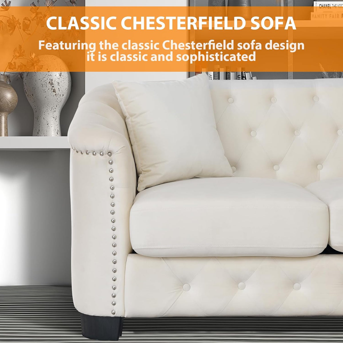 Beige Velvet 3-Seater Sofa with 2 Pillows L813517