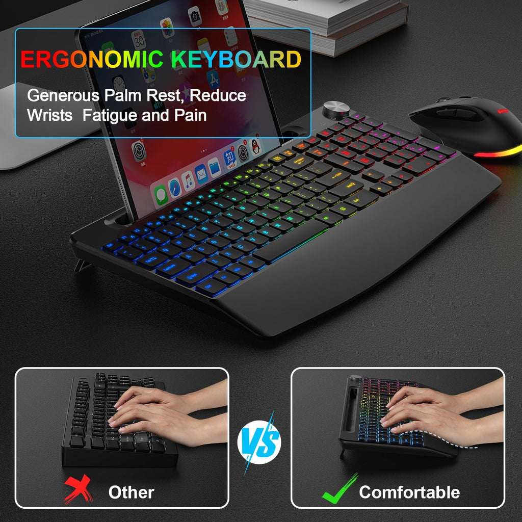 Wireless Keyboard and Mouse Combo, 2.4G Rechargeable Ergonomic Gaming Keyboard with Wrist Rest Y345