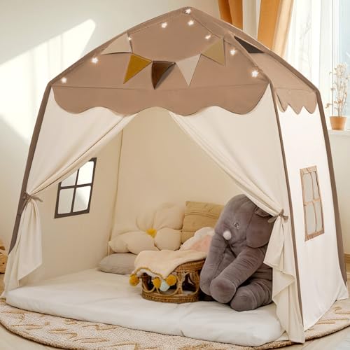 Cream Extra Large Kids Play Tent with Flags & Star Lights, 59x39x59 in Y369273