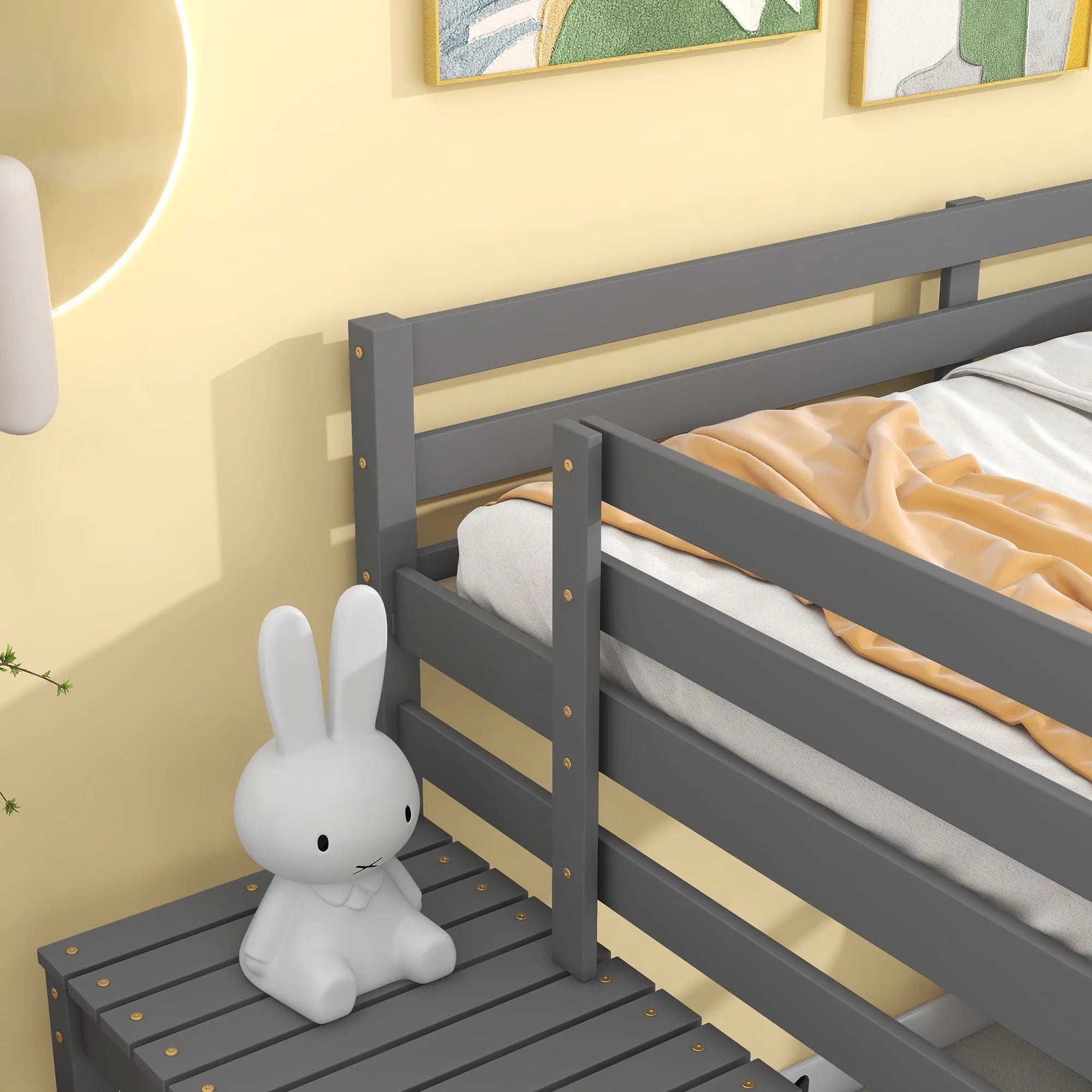 Gray Full Wood Loft Bed with Safety Rail and Ladder P535
