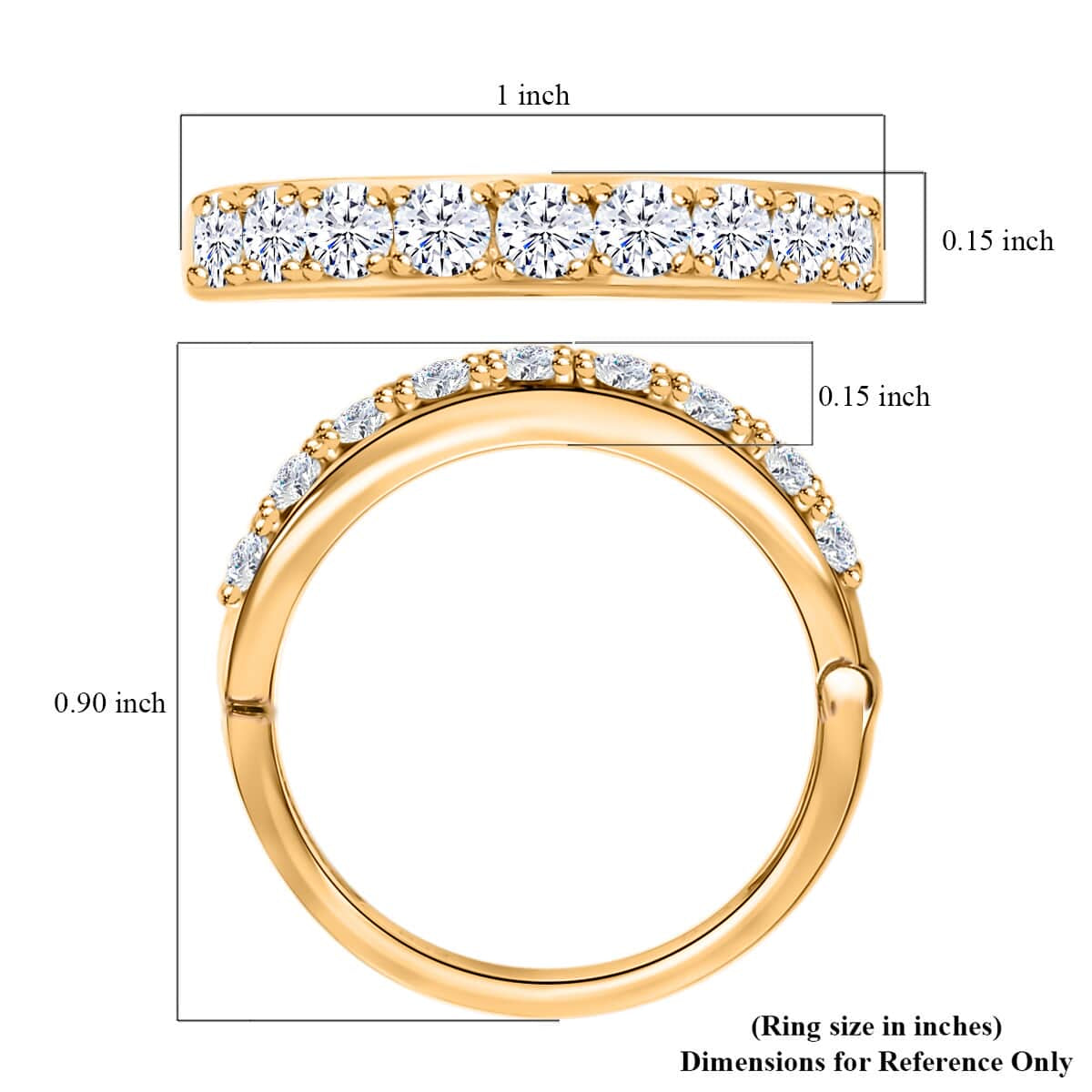 Moissanite Round 925 Sterling Silver Vermeil Yellow Gold Plated Eternity Band Ring Size 9 Ct 0.82 L16795