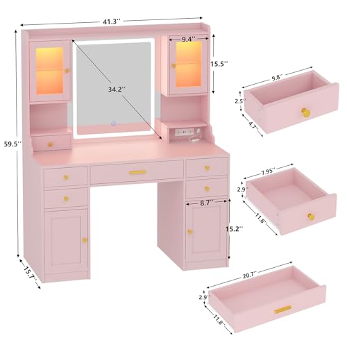 White Makeup Vanity Desk with Mirror and Lights, Large Vanity Table Set with Charging Station, Dressing Table with RGB Cabinets, 3 LED Lights Modes A544
