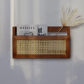 Wall Wood Magazine Rack with PE Rattan Grid, Size 17.3" x 4" x 9.4", Brown S2051