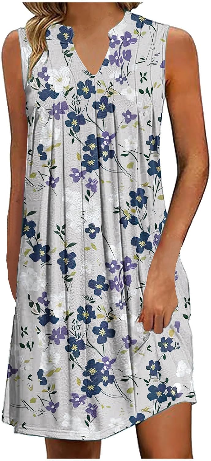 Women Casual A-Line Dress with Pockets Sleeveless V Neck Tshirt Dress Loose Pleated Flowy Dress C7143