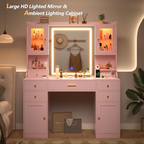 White Makeup Vanity Desk with Mirror and Lights, Large Vanity Table Set with Charging Station, Dressing Table with RGB Cabinets, 3 LED Lights Modes A544