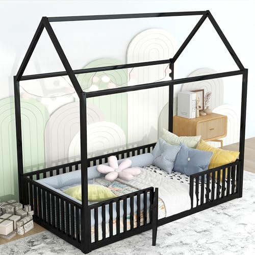 Full Floor Bed with Door and Fence, Metal Montessori Bed Full Size, White D233