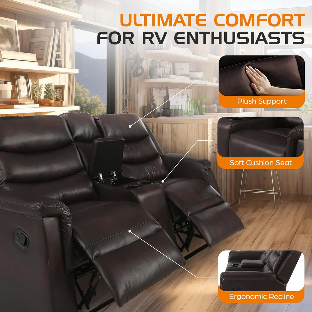 68" Wall Hugger RV Couch with Console Cup Holder Double Seat Reclining Chair Browm A10309