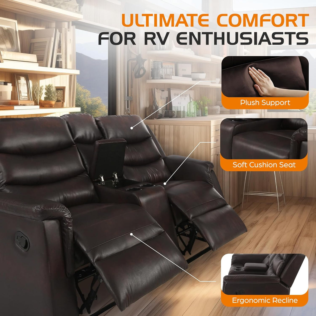 68" Wall Hugger RV Couch with Console Cup Holder Double Seat Reclining Chair Browm A10309