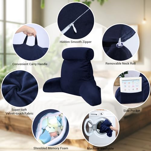 Grey Backrest Pillow with Arms, Headrest, Pockets, Removable Washable Cover, Detachable Neck Roll (Large 27") X66466