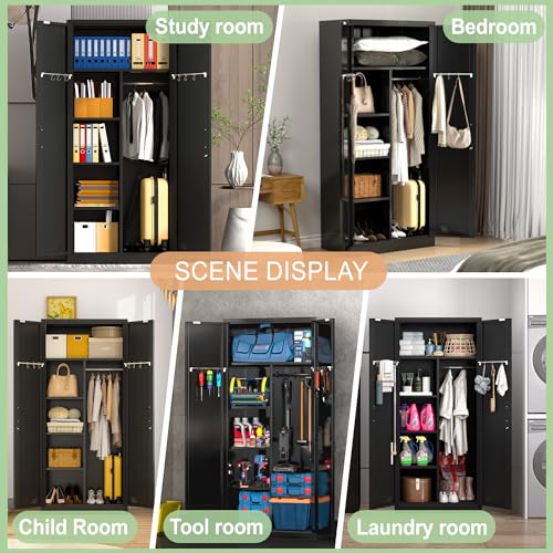 Black Metal Armoire Wardrobe with 2 Doors, 1 Adjustable Shelf, 2 Drawers, and Hanging Rod S392