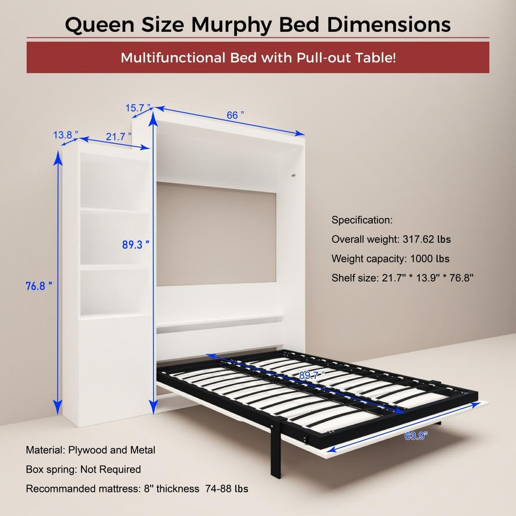 White Queen Size Vertical Murphy Bed with Desk and Drawers U2286
