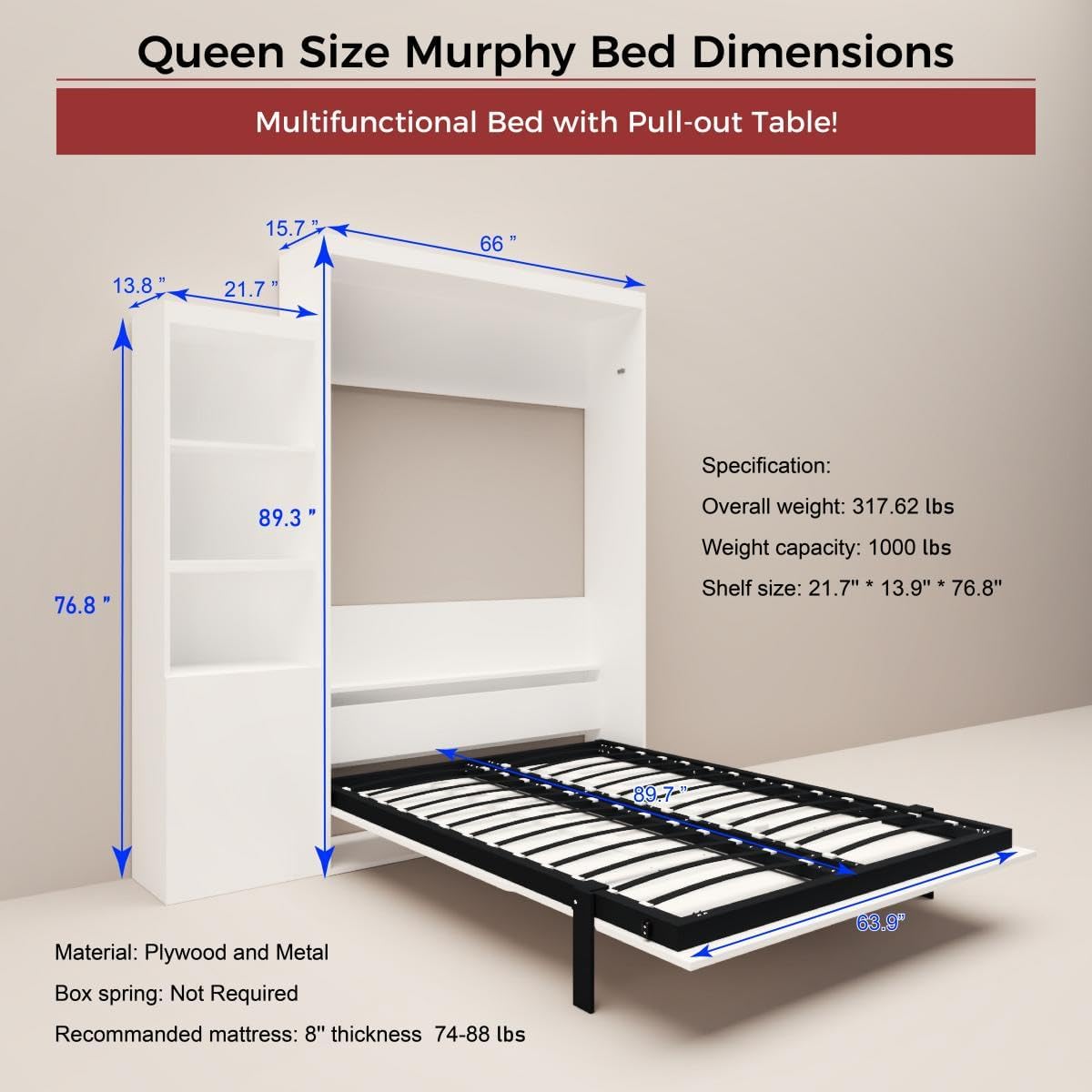 White Queen Size Vertical Murphy Bed with Desk and Drawers U2286