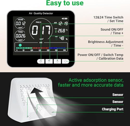 14 in 1 Air Quality Monitor Indoor with Beep Alarm, PM1.0|PM2.5|PM10|HCHO|TVOC|AQI|Temperature|Humidity|Time, Battery Powered Air Monitor M72120