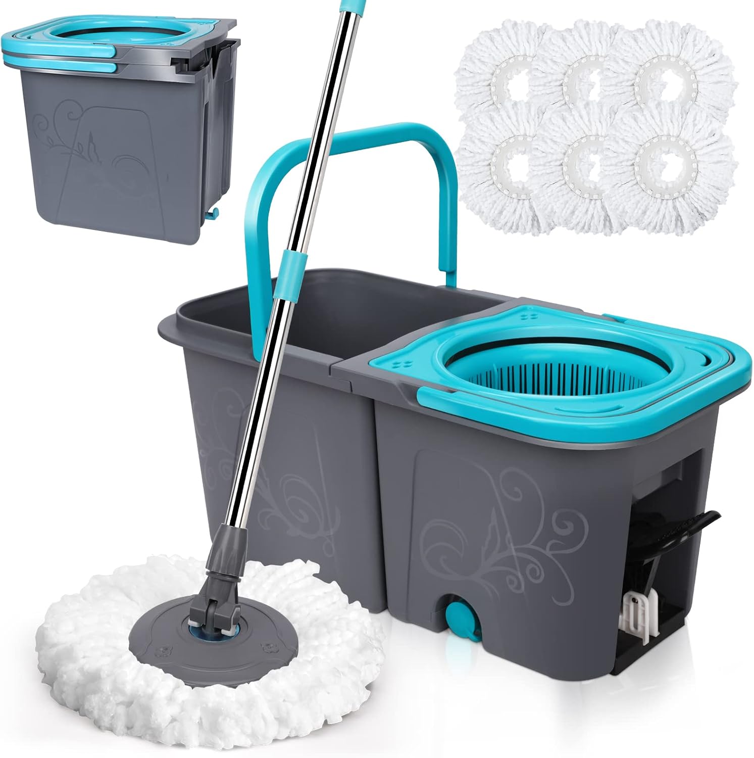 Spin Mop and Bucket with Wringer Set, Microfiber Mop Bucket with 6 Replacement Refills R897