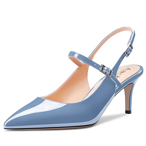 Women Pumps Pointed Toe Ankle Strap Slingback Stiletto Kitten Low Heel Dress Shoes Patent 2.5 Inch R98593