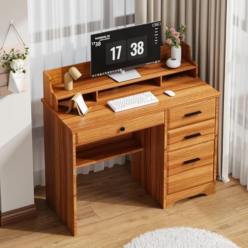 White 44 Inch Computer Desk with Storage Drawers and Hutch T4577