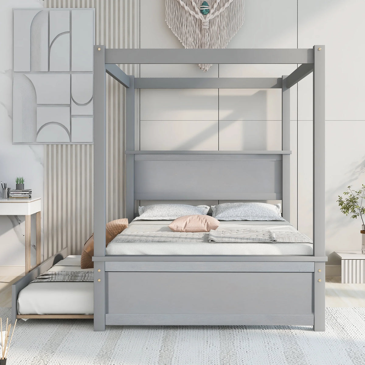 Gray Full Size Wood Canopy Bed with Trundle Bed B2842