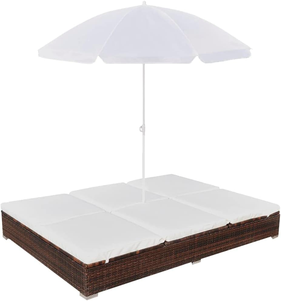 Brown Poly Rattan 2-Person Sun Lounger with Cushion and Umbrella Z1335