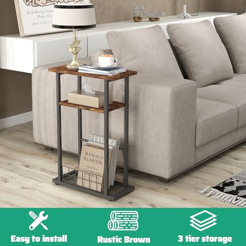 3-Tier Narrow End Table with Magazine Holder Rustic Brown Q51040