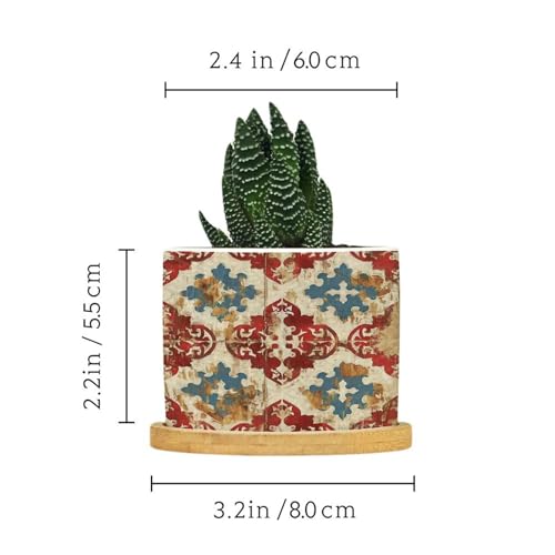 Blue And White Porcelain Ceramic Round Plant Pot with Drainage Holes And Bamboo Tray V316411