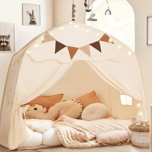 Cream Extra Large Kids Play Tent with Flags & Star Lights, 59x39x59 in Y369273