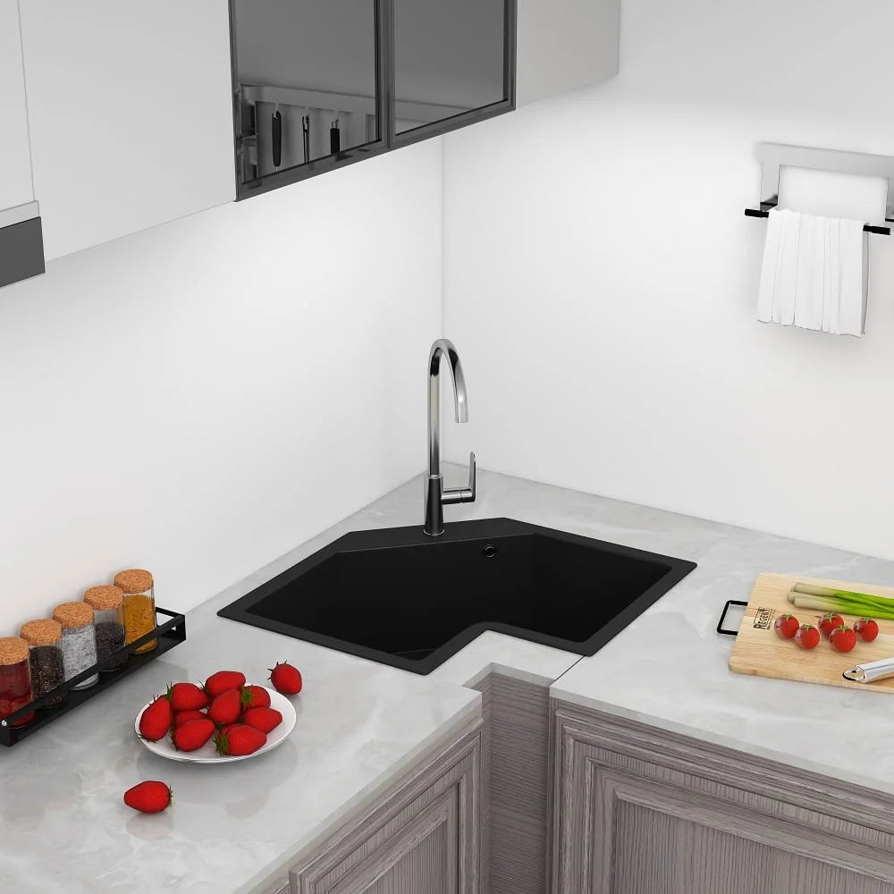 Black Drop In Corner Kitchen Sink Single Bowl Quartz W163
