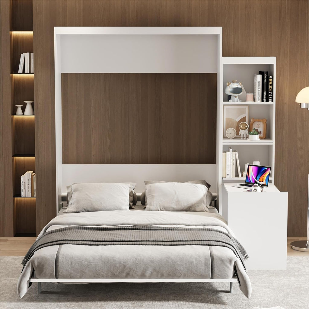 White Queen Size Vertical Murphy Bed with Desk and Drawers U2286