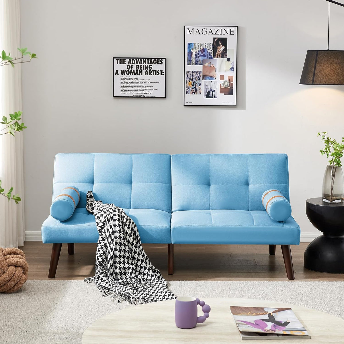 Blue Linen Futon Sofa Loveseat Convertible Sleeper Bed with Solid Wood Legs Adjustable Backrests E548818