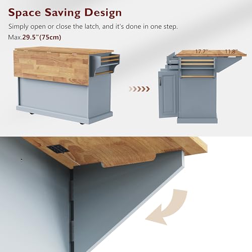 Green Large Kitchen Island with 2 Drop Leaf, 3 Drawers, 55.7" D8910