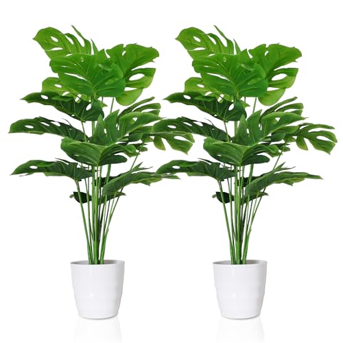Set of 2 Artificial Areca Palm Plants, 32 Inch Fake Tropical Palm Trees with Greenery Leaves and Stems D7561