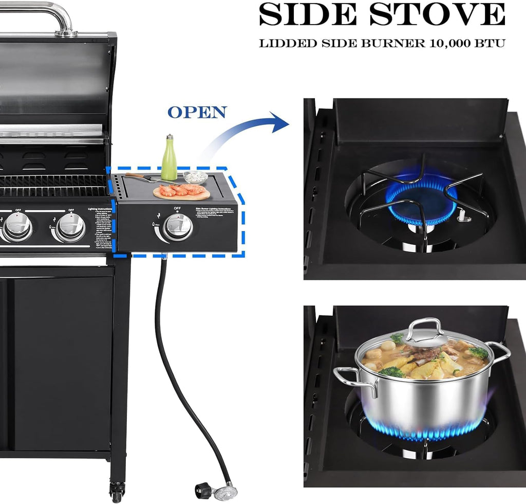 4-Burner Propane Gas BBQ Grill with Side Burner, Cast Iron 50,000 BTU Stainless Steel Grates G2278