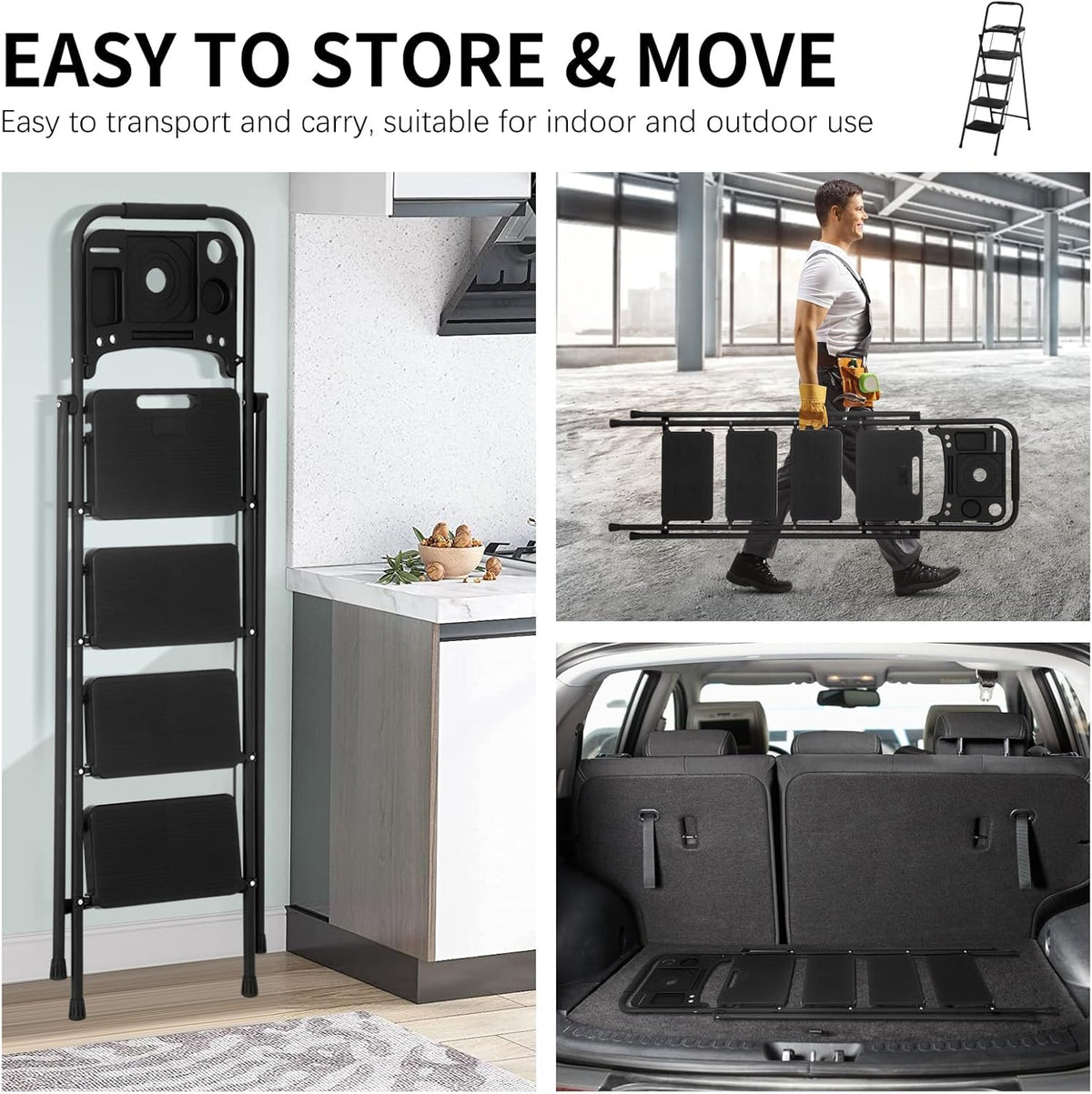 Black Steel Folding Step Stool with Tool Tray Q4159