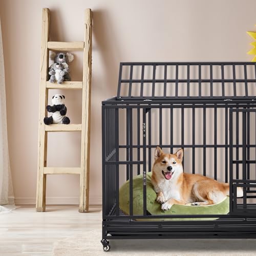 42" Large Metal Wire Dog Crate with Lockable Wheels, Double Door B31096