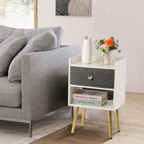 White Nightstand with Drawer Fabric Cabinet Storage with Sliding Drawers and Shelf P768