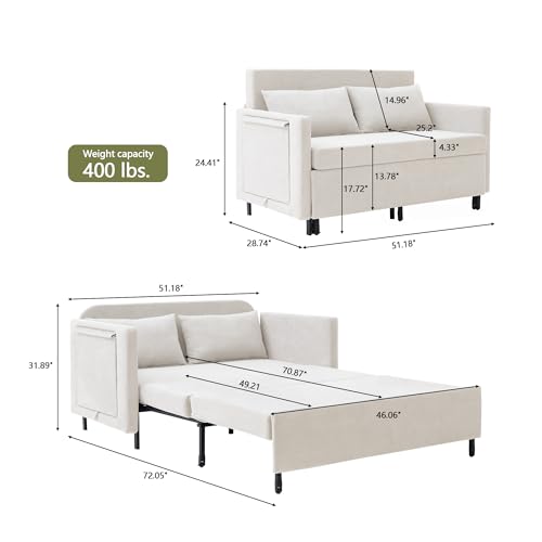 3-in-1 Sleeper Sofa Bed, 51'' Convertible Folding Couch with Pullout Bed, Chenille Futon Sleeper Sofa with Side Table and 2 Pillows, Grey X492320
