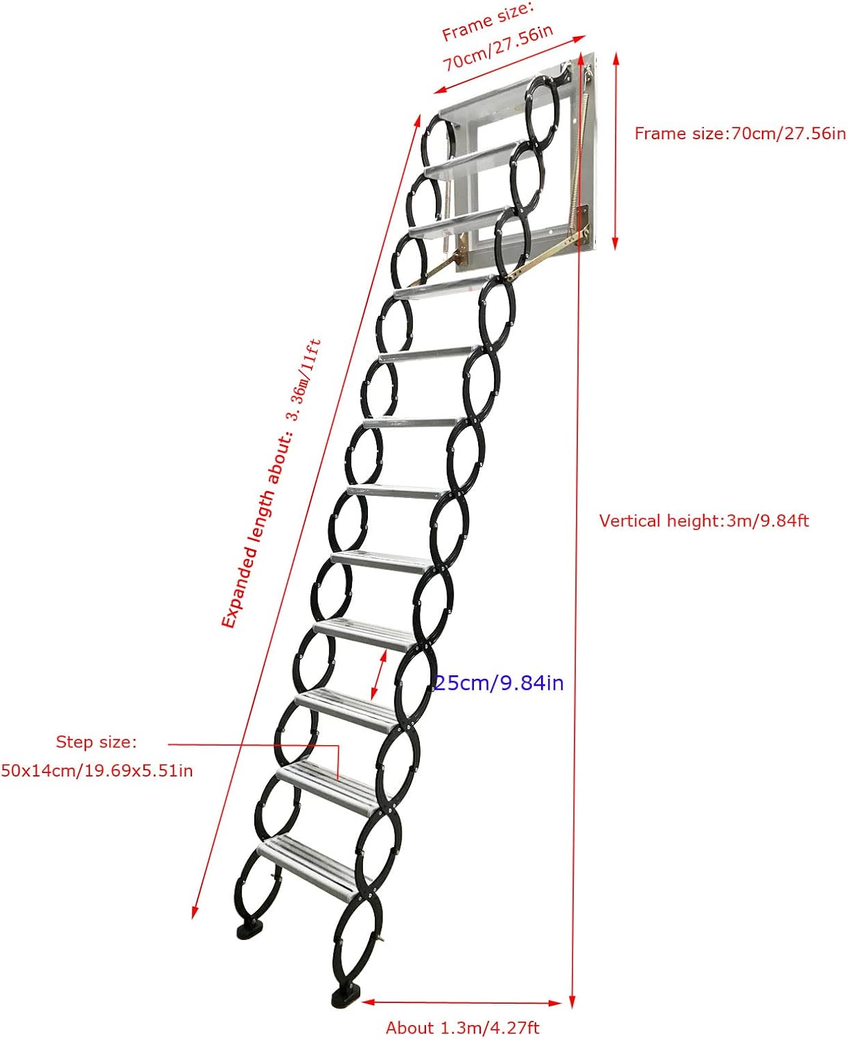 Black Wall-mounted Folding Attic Ladder, 9.8 feet Height, Ti-Mg Alloy X4042